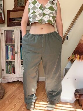 Vintage Y2K Green Linen Blend Wide Leg Pants Baggy Drawstring Lounge XL Unisex
